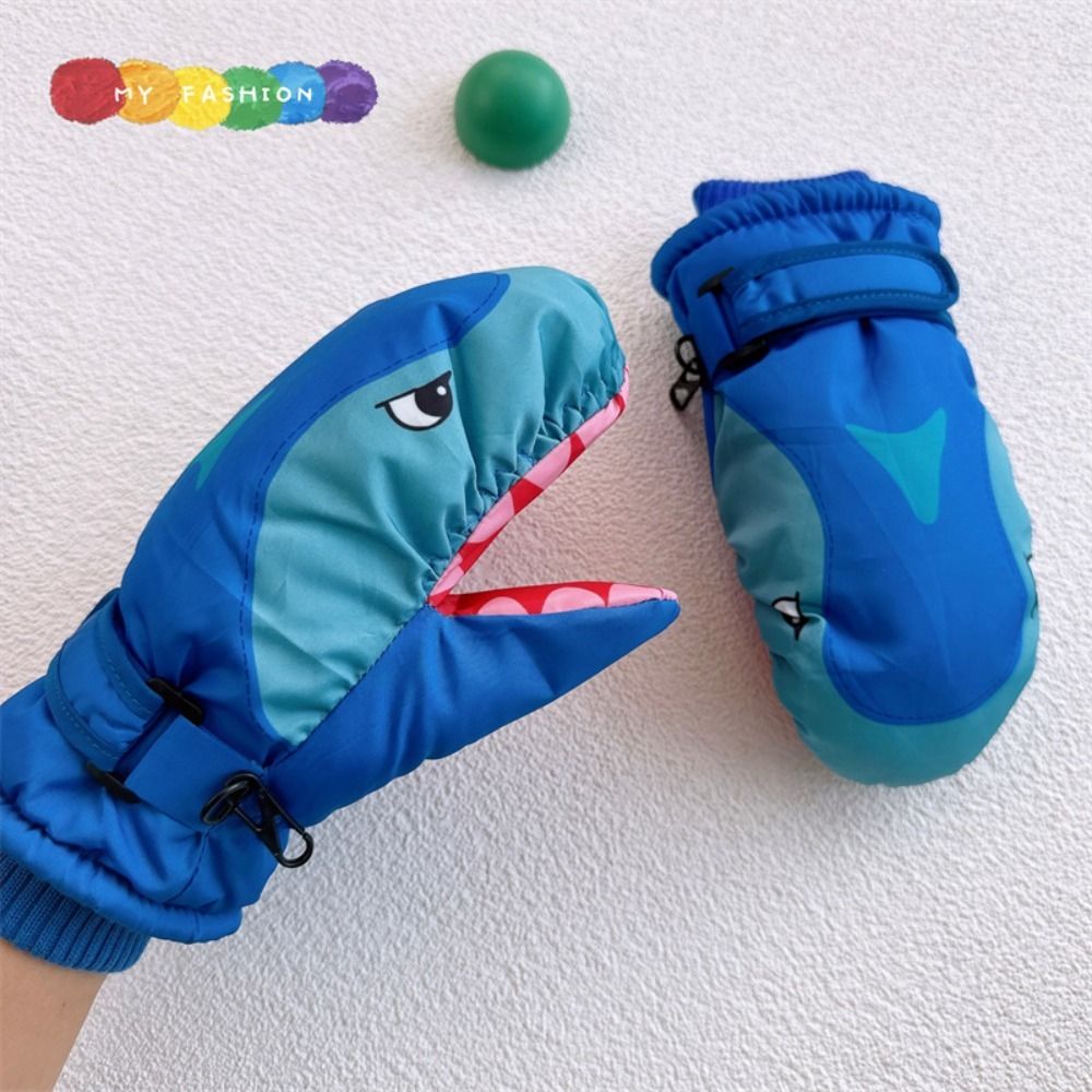 Outdoor Sport For Kids - 漫画子供用スキーグローブ サメ柄 ナックル付き キッズスノーボードミトン 防風 暖かい冬用スキーグローブ