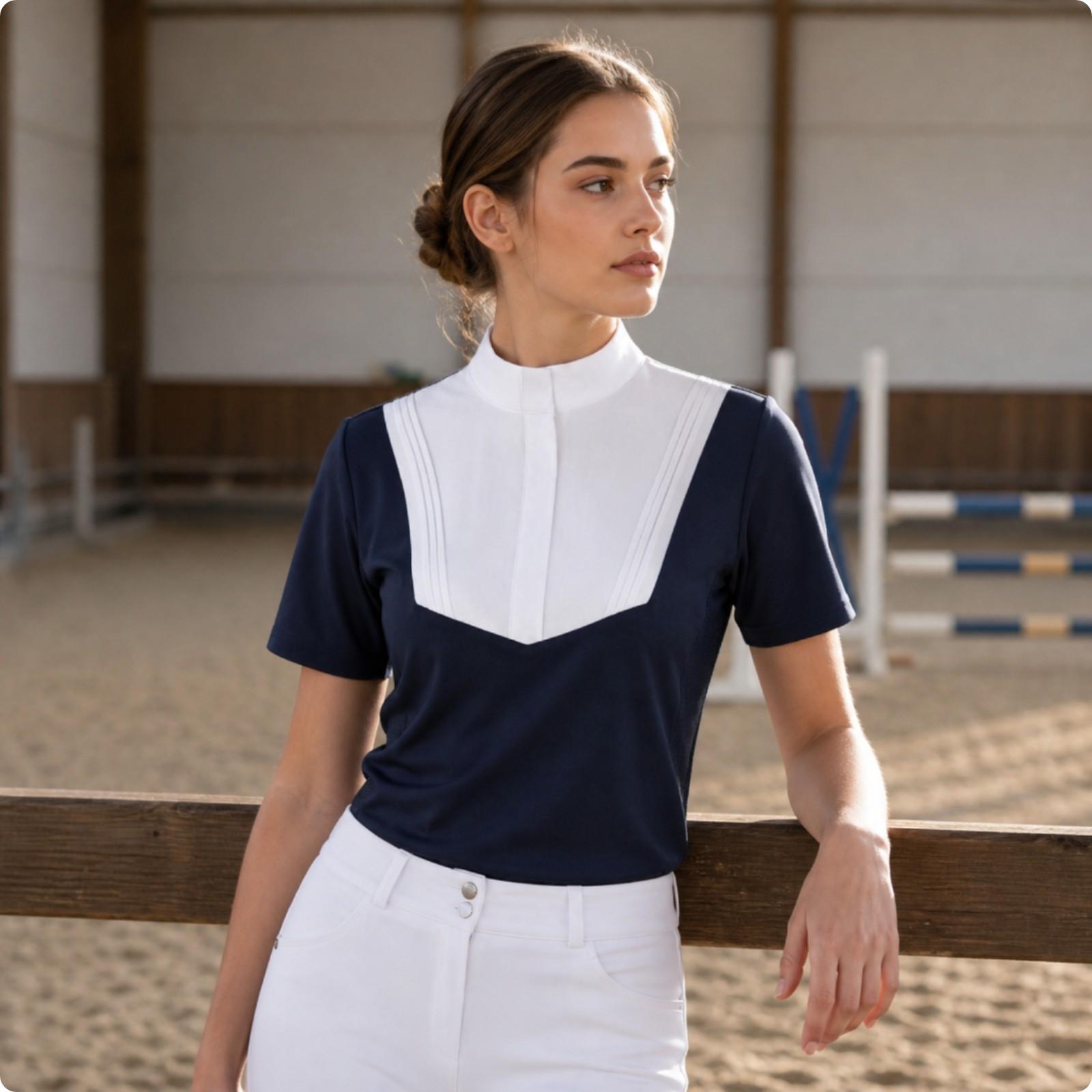 Polo Shirt Equestrian - レディース用、軽量で動きやすい乗馬用Tシャツ、ジップアップ式、カラーブロックデザイン、ポリエステル素材、乗馬ウェア。